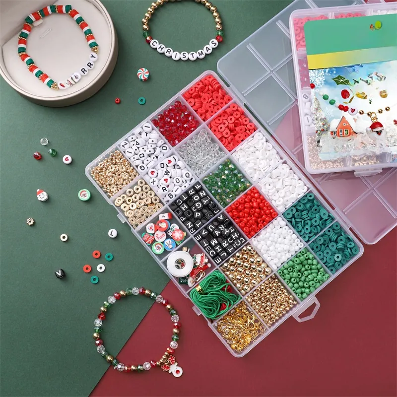 Weihnachten DIY Schmuckherstellungs-Sets Perlen-Set Acryl Polymerton Glasperlen Buchstabenperlen Weihnachtsanhänger Halskette Armband Ohrring Handgefertigtes Bastelzubehör