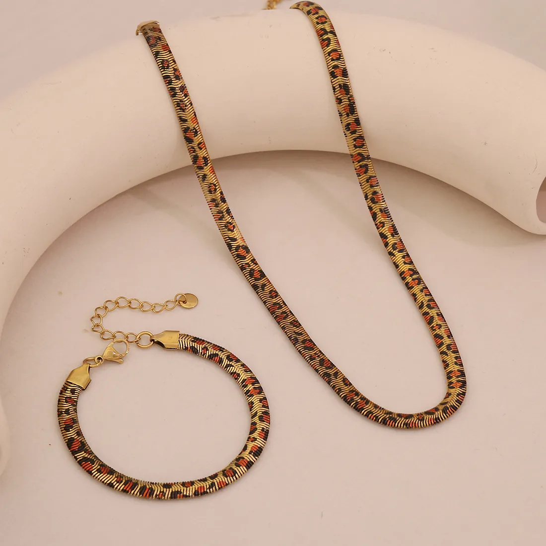 Collana E Bracciale A Catena A Spina Di Pesce Con Stampa Leopardata Acciaio Inossidabile Gioielli Vintage Da Donna