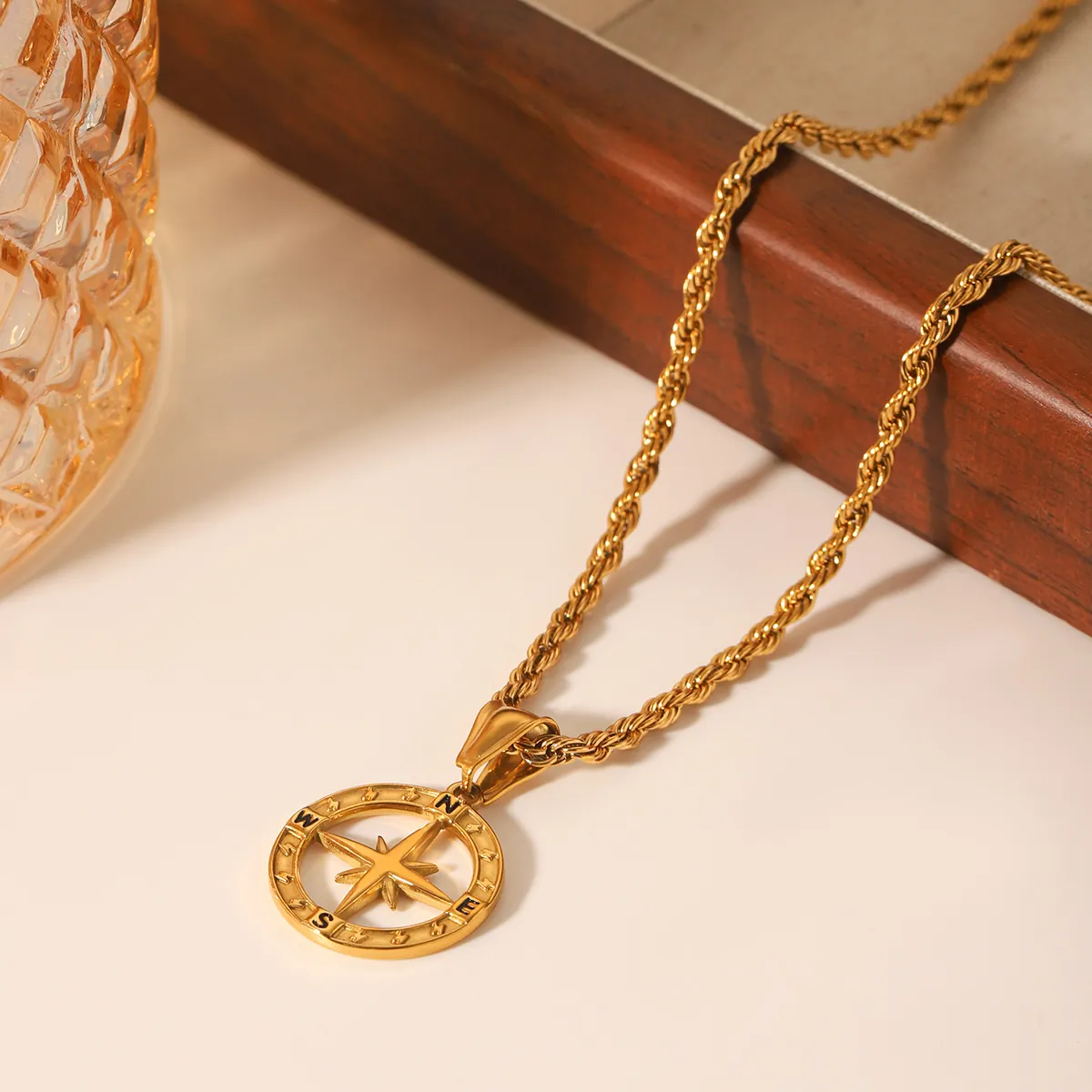 Collana Con Pendente Bussola Acciaio Inossidabile Placcato Oro Stella Polare Catena A Corda Gioielli Hip Hop Punk