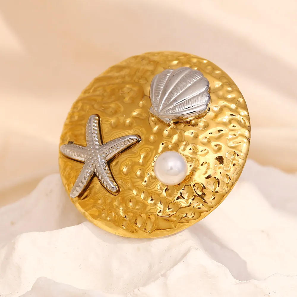 Round Disc Open Ring Stainless Steel 18K Gold Plated Shell Starfish Artificial Pearl Charms Ocean Theme Fashion Women