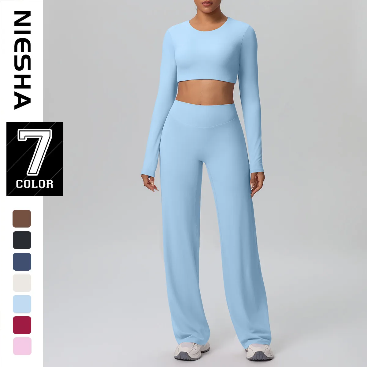 Women Long Sleeve Crop Top And High Waist Wide Leg Pants Top And Bottom Ribbed Knitted Yoga Outfits Workout Clothes