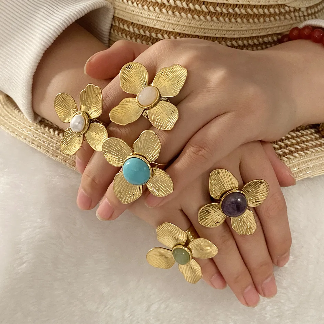 Bague Ouverte Réglable Pétale De Fleur Vintage Français Acier Inoxydable Pierre Naturelle Améthyste Turquoise Bijoux