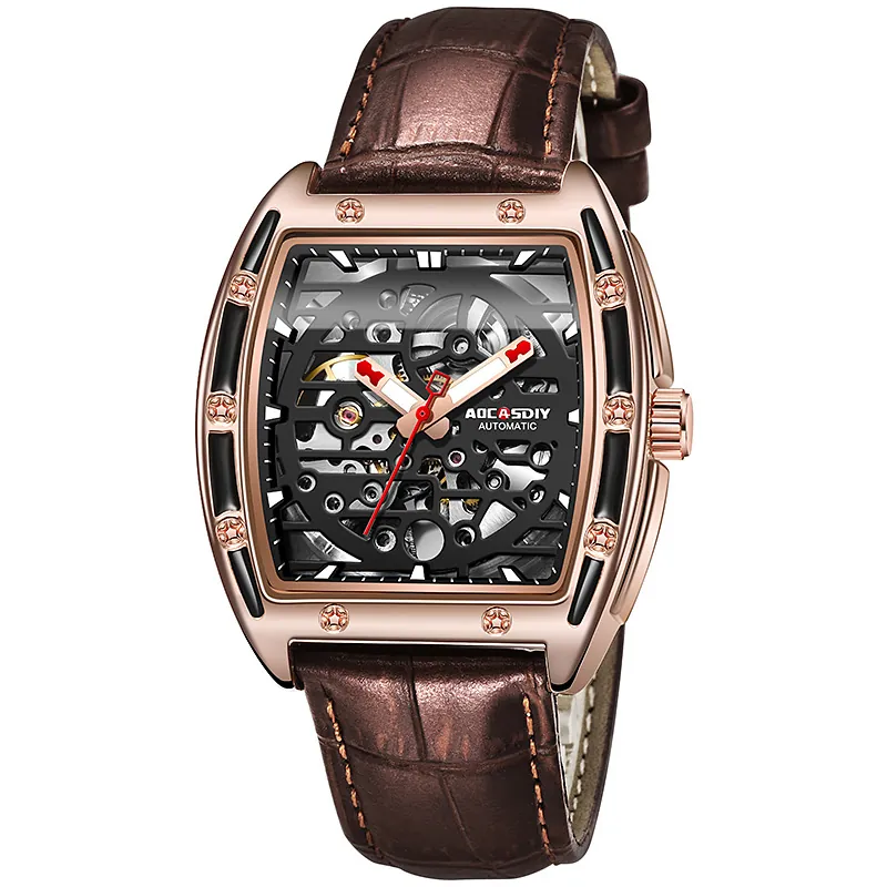Automatic Mechanical Watch Skeleton Tonneau Design Leather Strap Waterproof Luminous Business Sporty For Men