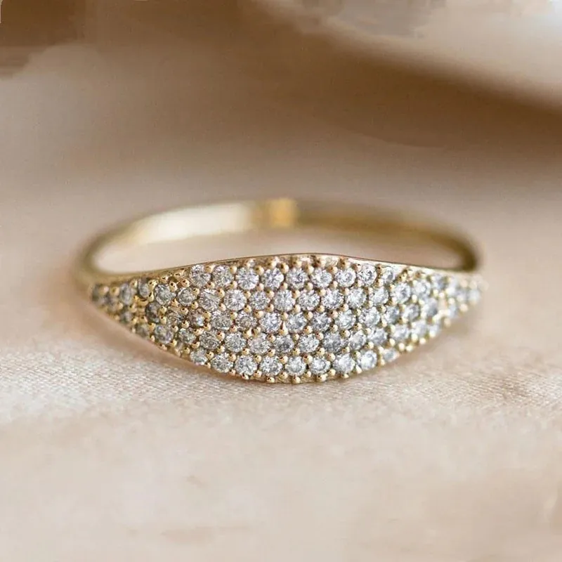 French Style Pavé Zirconia Copper Ring For Women Minimalist Gold Plated Fine Band Geometric Finger Ring Party Jewelry Gift