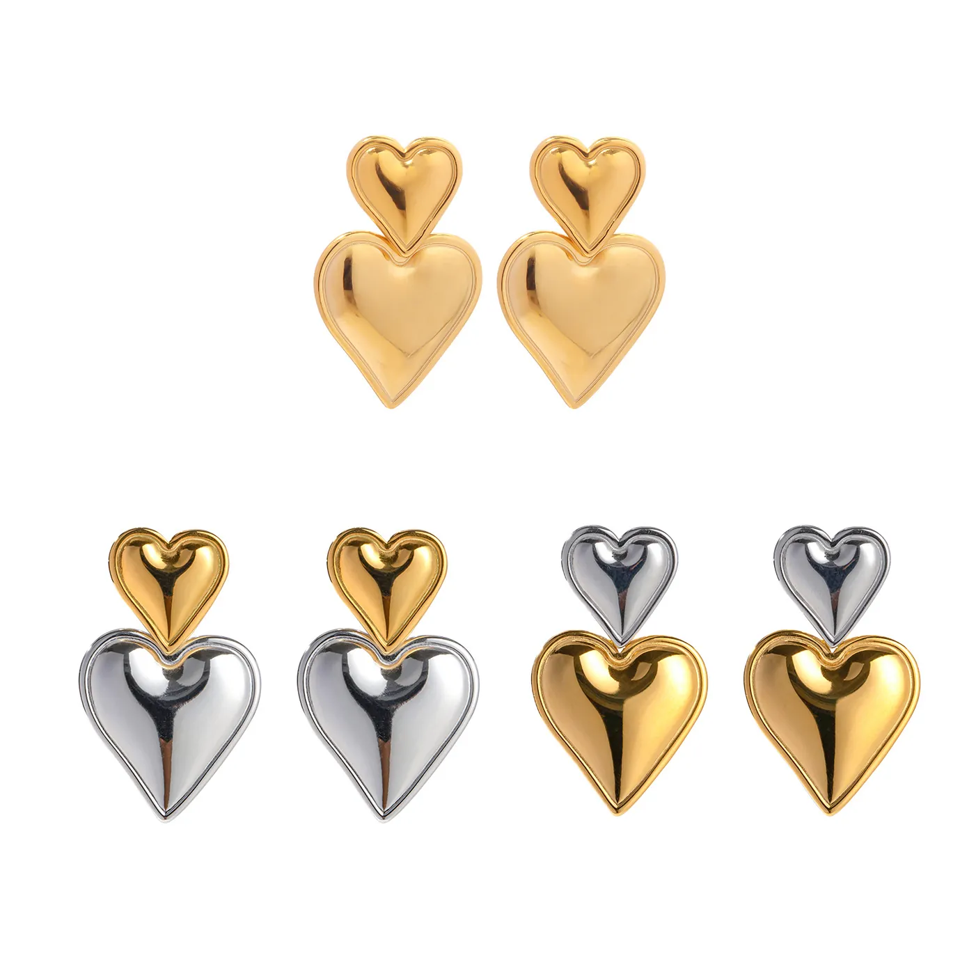 European American Stainless Steel Double Heart Layered Stud Earrings For Women High End Fashion Minimalist Geometric Jewelry Gift
