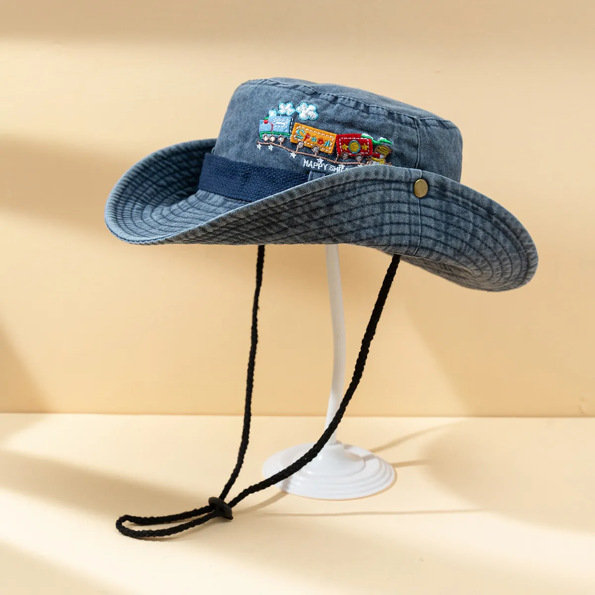 Kinder Fischerhut Zug Stickerei Gewaschener Denim Sonnenschutz Outdoor Breite Krempe Mit Verstellbarem Winddichtem Seil