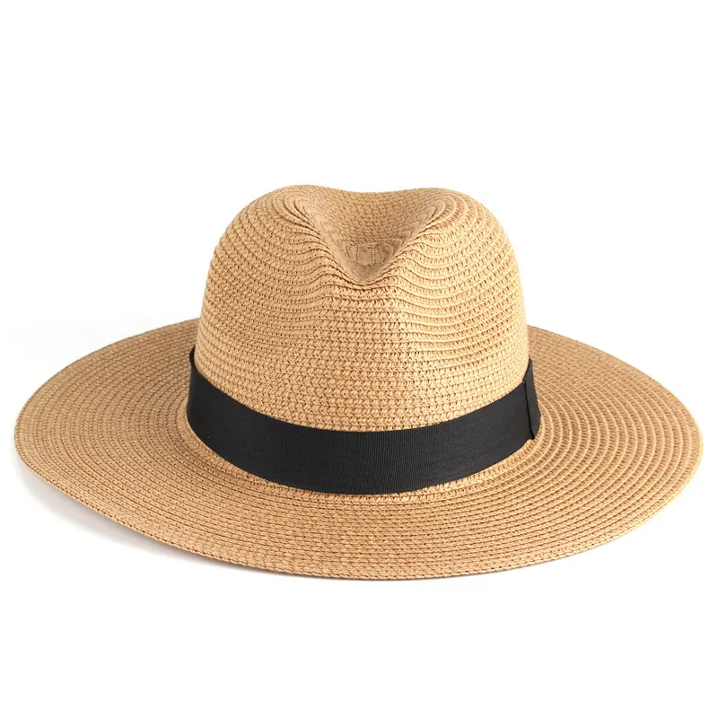 Unisex Summer Straw Woven Fedora Panama Hat Wide Brim Sun Protection UV Resistant Beach Hat With Black Ribbon For Men Women