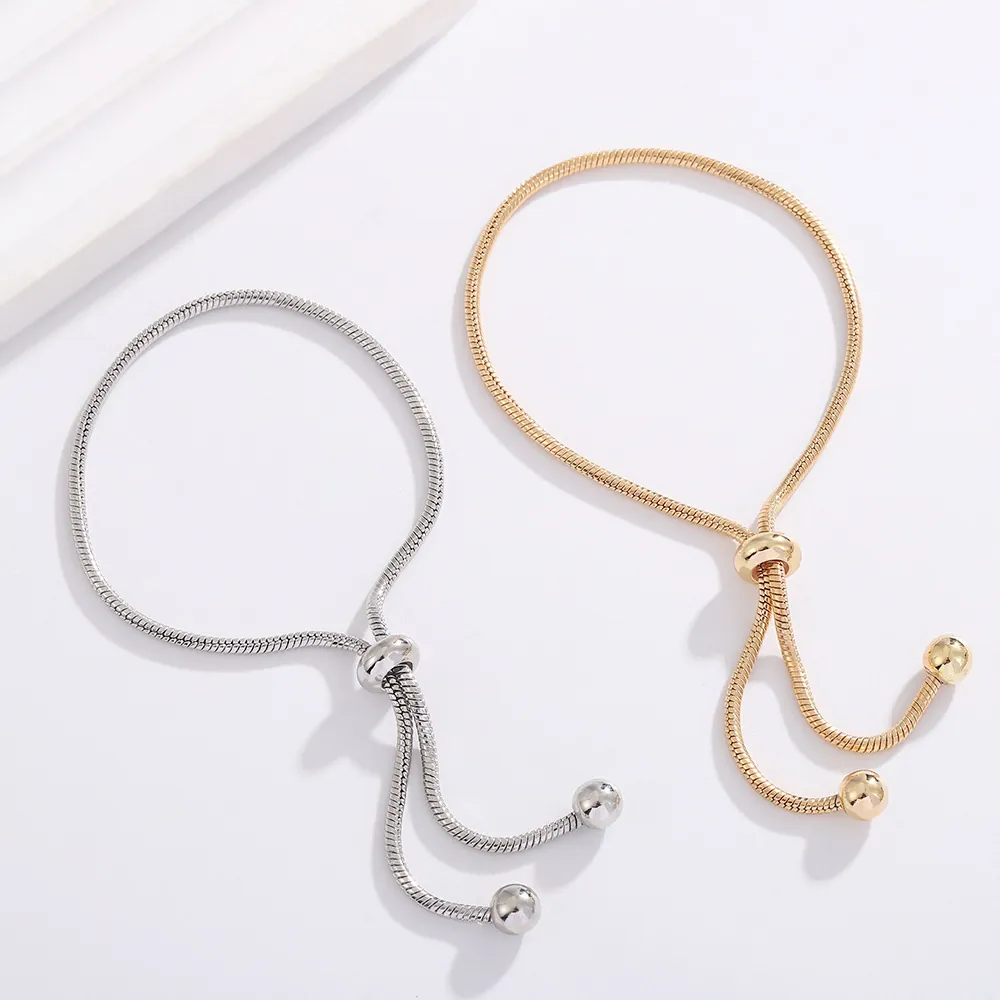 Minimalist Copper Snake Bone Chain Bracelet Adjustable Slider Pull Jewelry With Polished Round Beads Ends