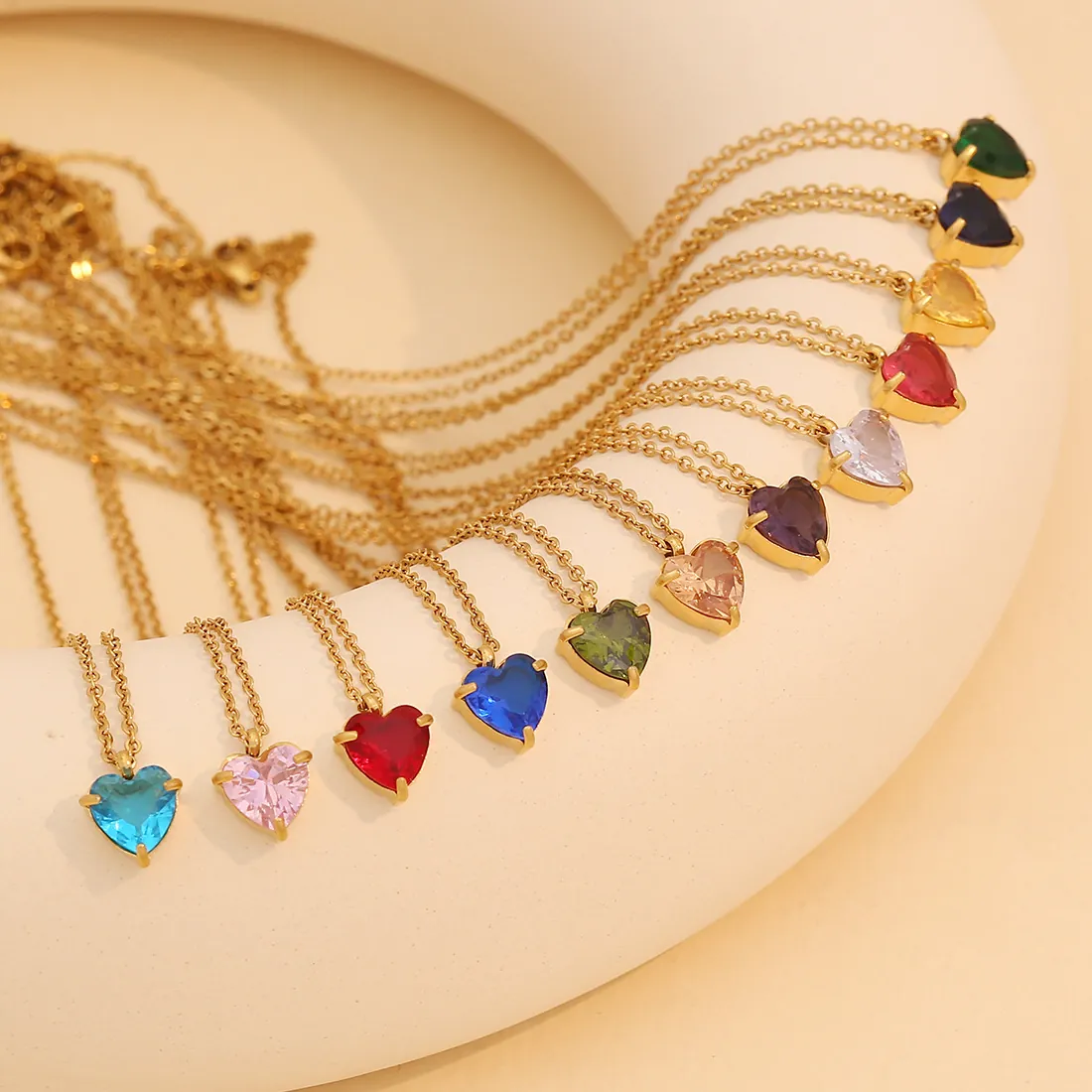 Heart Birthstone Pendant Necklace Stainless Steel Gold Plated Colorful Heart Gemstone Jewelry Elegant Gift For Women
