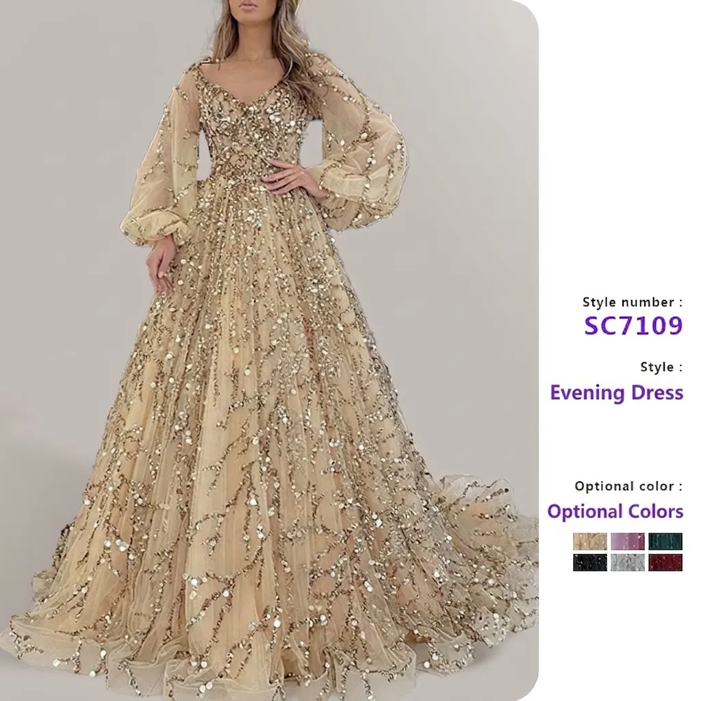 Luxuriöses Satin Abendkleid Damen Pailletten Perlen V-Ausschnitt Laternenärmel Formelle Robe Für Party Bankett Hochzeit Jahrestag