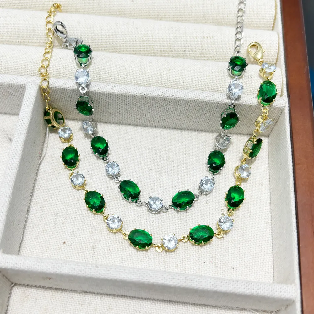 Bracelet Zirconium Vert Émeraude Blanc Ovale Cuivre Plaqué Or Bijoux Élégants Ajustables Pour Femmes
