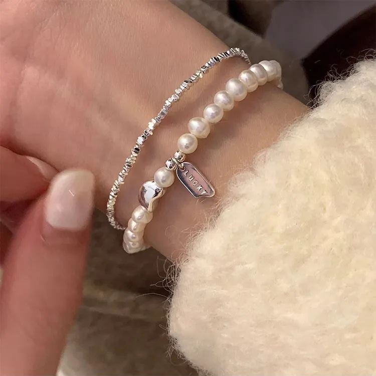 925 Sterling Silver Freshwater Pearl Bracelet For Women Lucky Square Plate Minimalist Double Layer Jewelry Birthday Gift