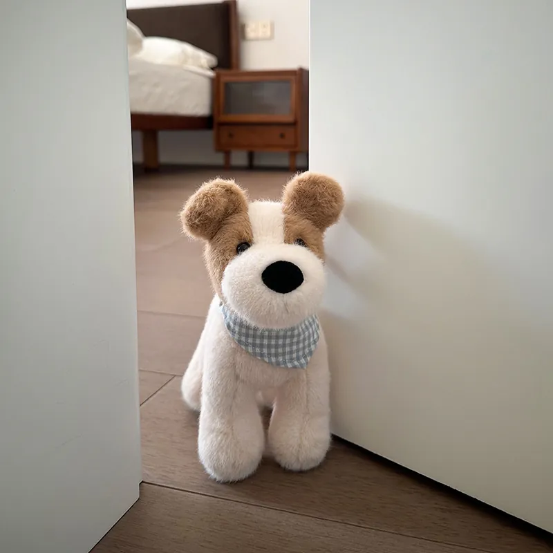 Cute Simulation Wire Fox Terrier Plush Dog Toy Soft Stuffed Animal Puppy Doll With Blue Checkered Bib Decoration Gift For Kids
