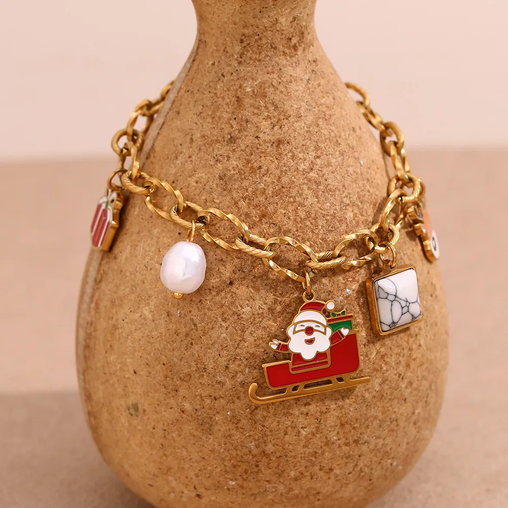 Christmas Charm Bracelet 18K Gold Plated Stainless Steel Santa Claus Reindeer Enamel Artificial Pearl Jewelry For Women Holiday