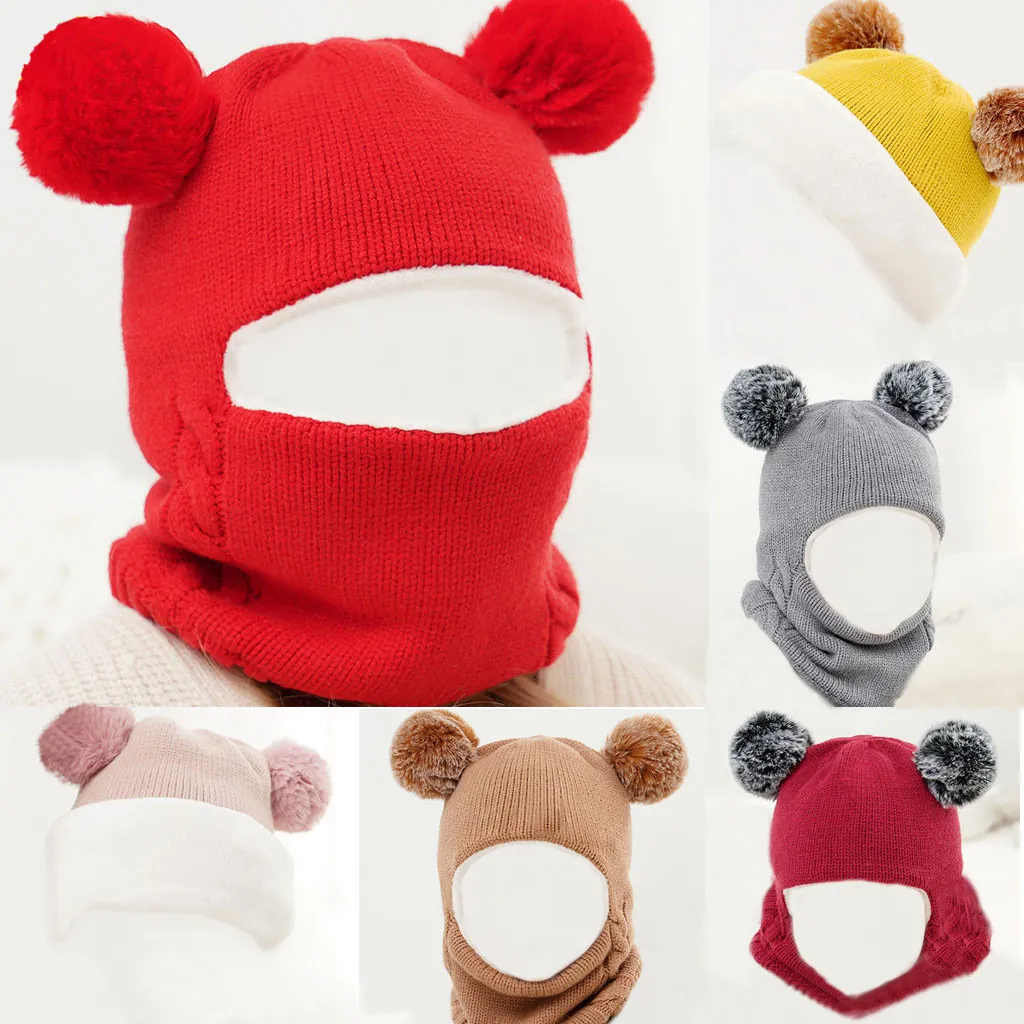 Kids Balaclava Hat Knitted Wool Fleece Lined With Pom Poms Winter Warm Neck Warmer Ear Protection For Baby Toddler