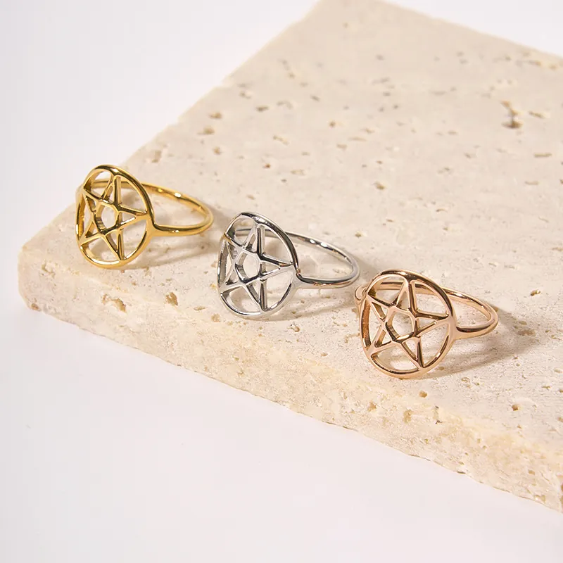 Vintage Edelstahl Hohl Pentagramm Stern Kreis Ring Für Damen Mode Wasserdicht PVD Vergoldet Geometrische Band Schmuck