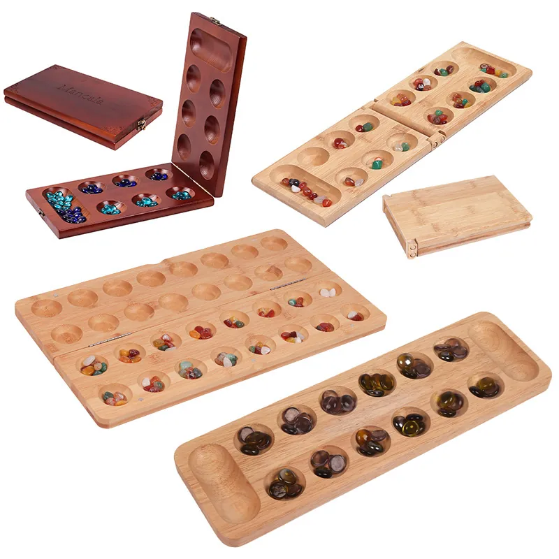 Wooden Mancala Board Game Foldable Strategy Desktop Toy With Colorful Glass Beads Stones Educational Kids Adults