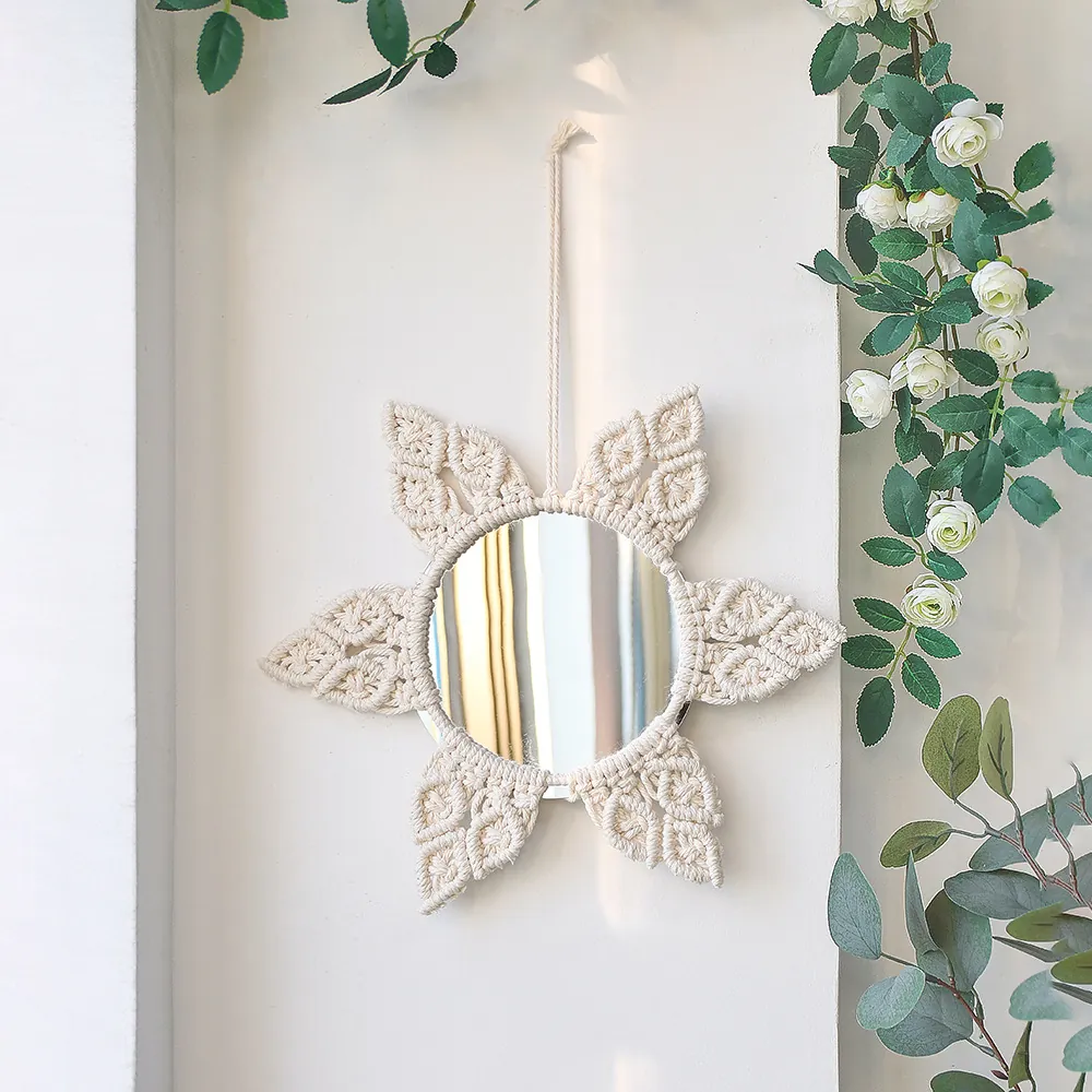 Boho Macrame Wall Hanging Mirror Handmade Cotton Rope Decorative Mirror For Bedroom Living Room Apartment Dorm Home Decor