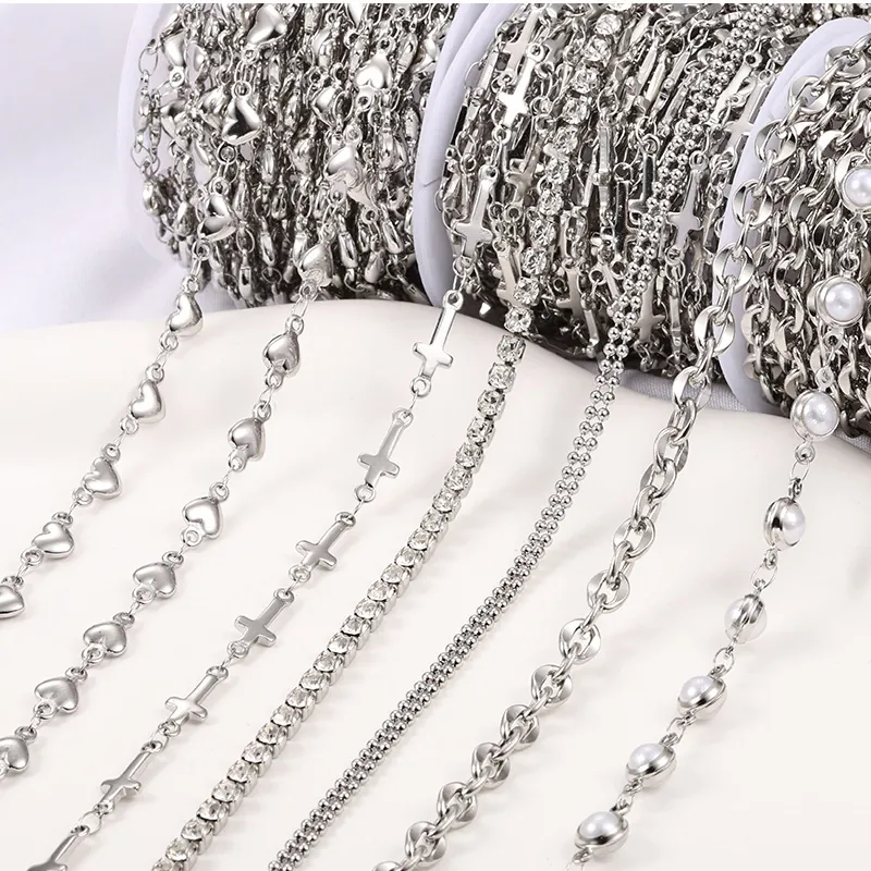 Stainless Steel DIY Jewelry Making Chains For Necklace Bracelet Crafting With Rhinestone And Artificial Pearl Heart Cross Styles