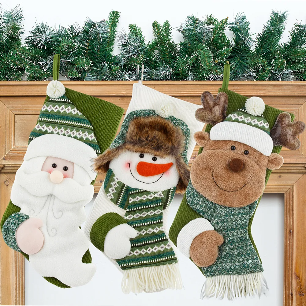 Christmas Stockings Knitted Plush Large Hanging Gift Bags Santa Snowman Reindeer Characters Green White Xmas Decor