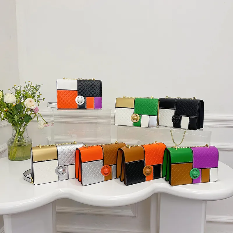 Women PU Leather Color Block Rhombus Quilted Shoulder Bag Metal Chain Strap Square Crossbody Handbag Daily Style