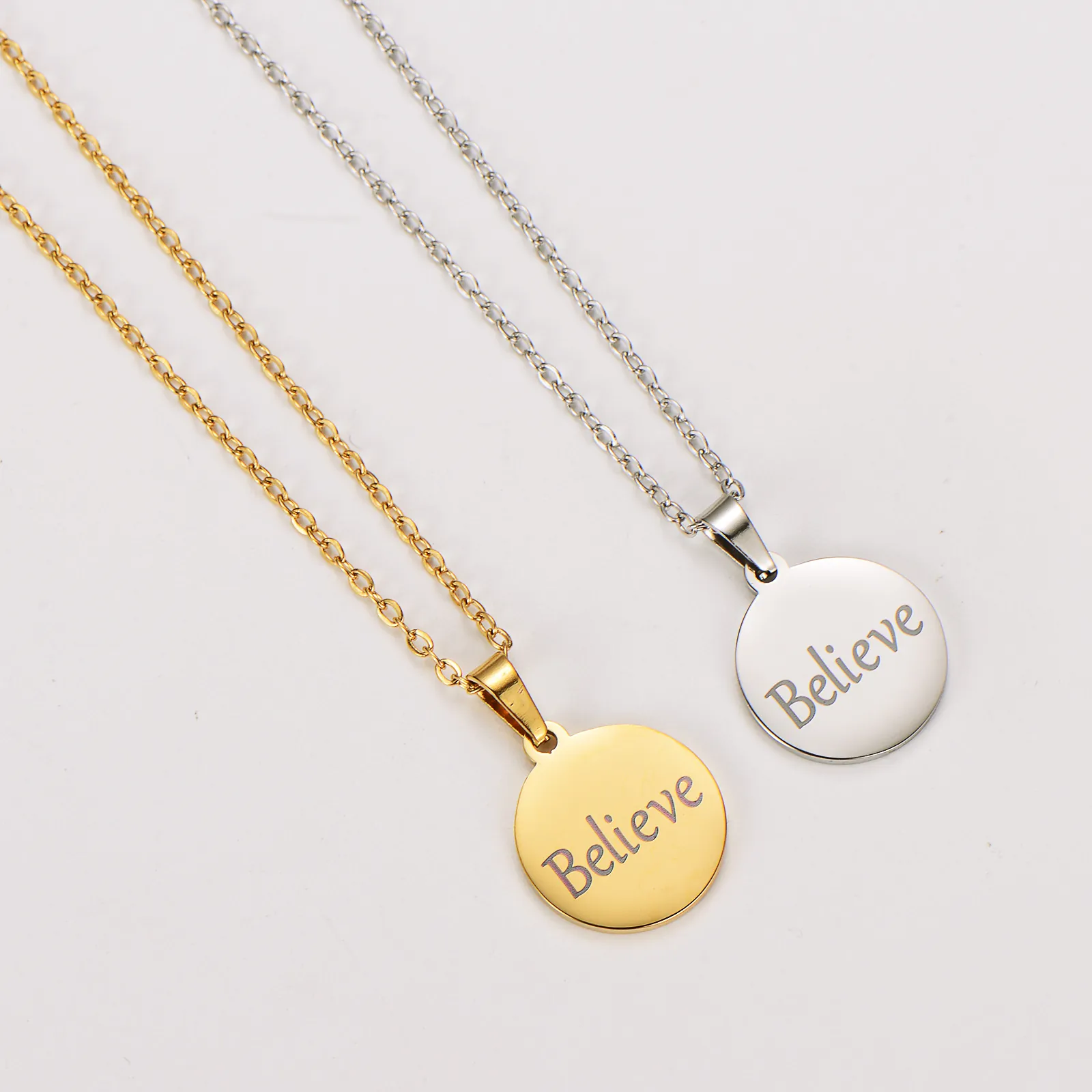 Believe Engraved Round Pendant Necklace 304 Stainless Steel 18K Gold Plated Minimalist Jewelry Gift For Women