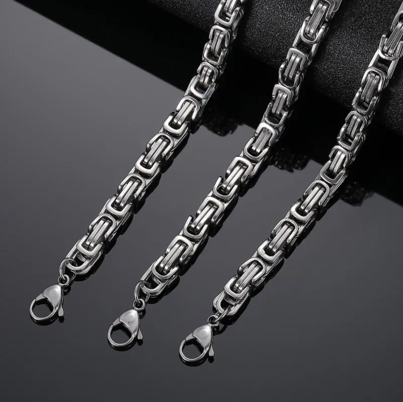 Byzantine Chain Necklace Titanium Steel Lobster Clasp Hip Hop Streetwear Men Women Square Link