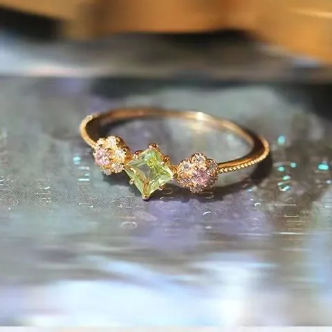 Vintage Kupferring Mit Quadratischem Peridot Und Blumen Vergoldet Verstellbarer Blumenfingerring Damen