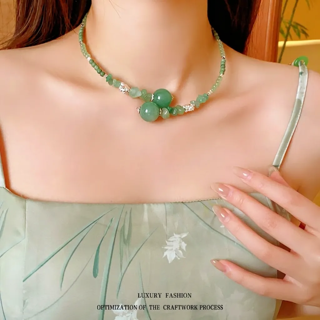 Collana Girocollo Con Perline Di Giada Verde Per Donna Stile Cinese Vintage Con Ciondolo A Fiore Di Loto In Argento