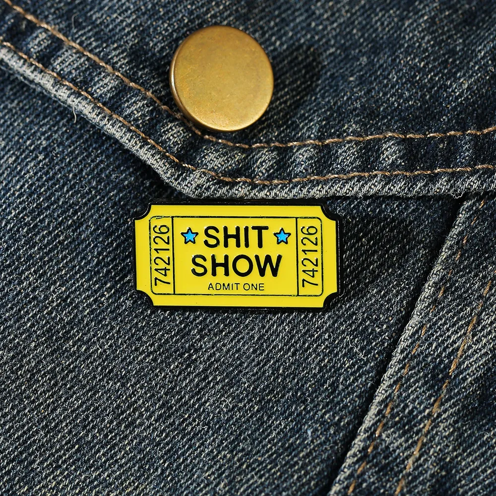 Funny Retro Yellow Ticket Enamel Pin Shit Show Letter Metal Badge Personalized Brooch For Clothing Backpack Accessories