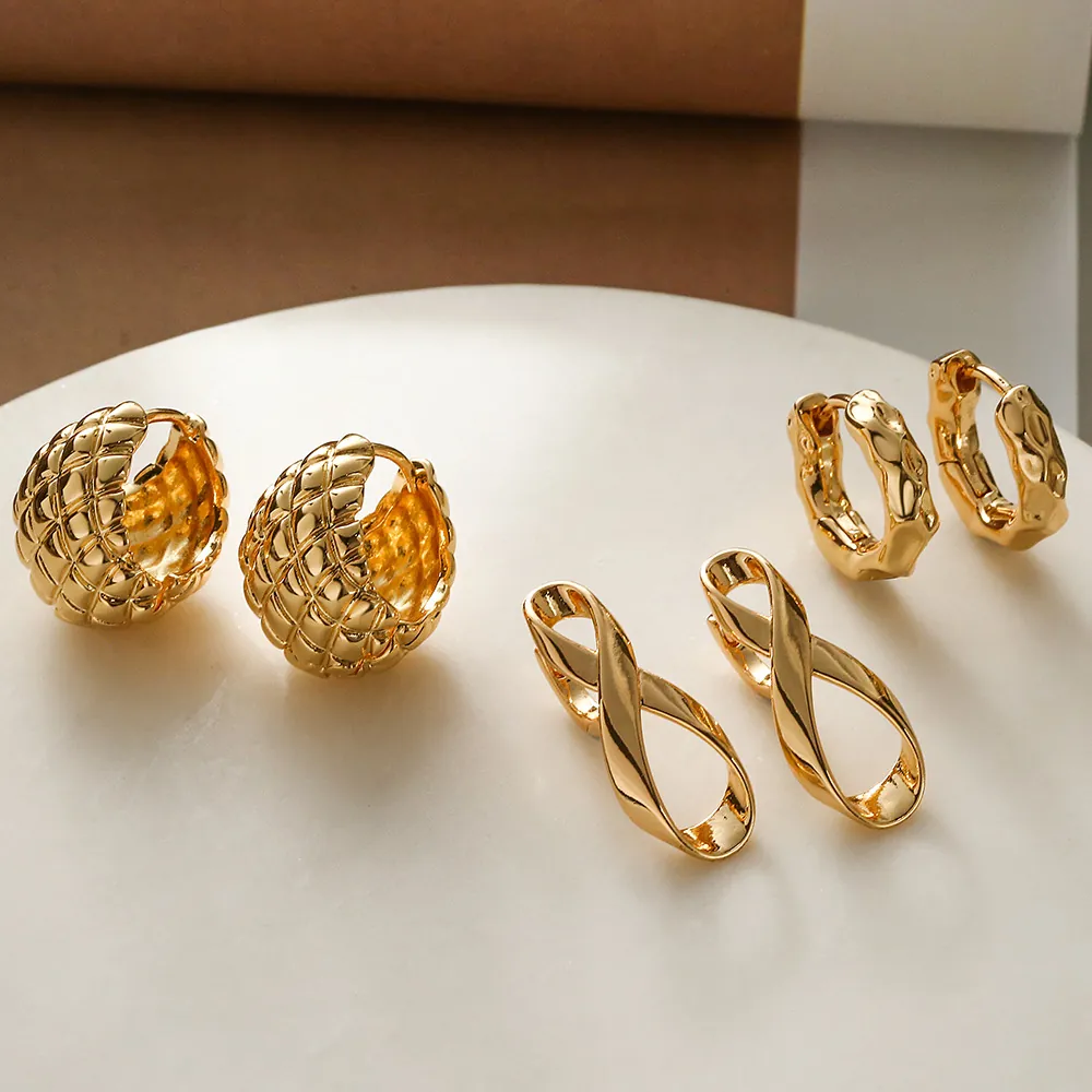 Irregular Geometric Gold Plated Copper Earrings For Women Chic Infinity Quilted Design Jewelry