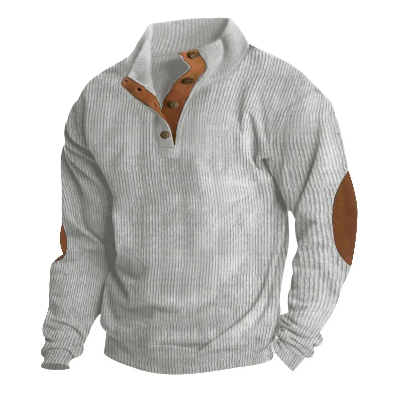 Men's Outdoor Casual Corduroy Sweatshirt Stand Collar Button Neck Long Sleeve Pullover With Contrast Elbow Patches Loose Fit Top