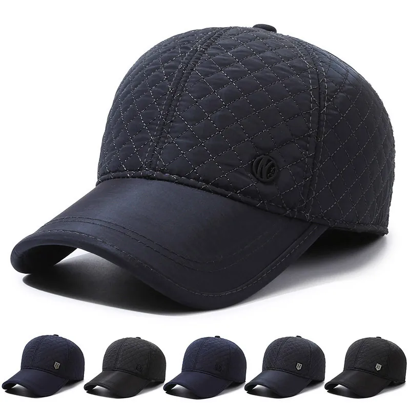 Men Quilted Winter Baseball Cap With Ear Flaps Warm Fleece Lined Windproof Outdoor Dad Hat Adjustable