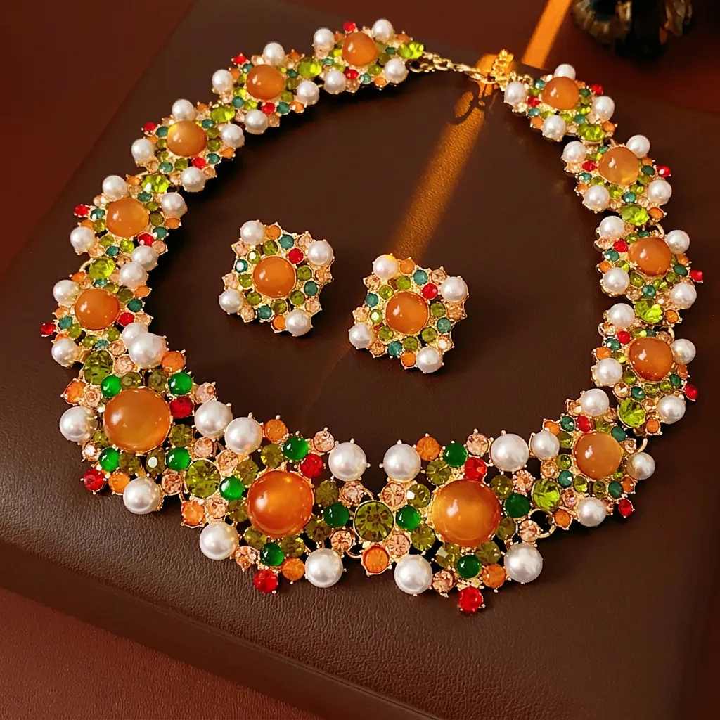 Bijoux Palais Vintage Collier Boucles D Oreilles Alliage Strass Colore Fausse Künstliche Perle Resine Tige Argent Retro Luxe