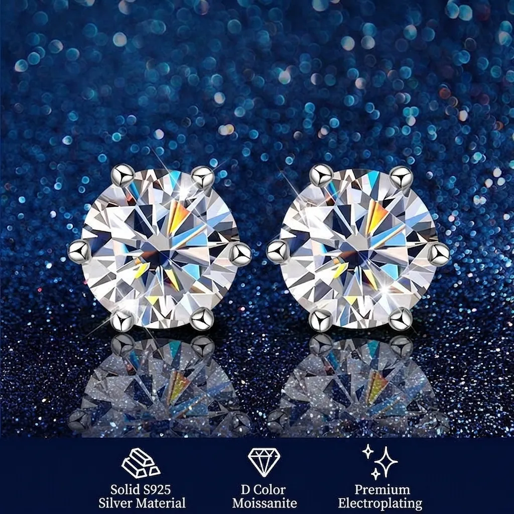 Moissanite Stud Earrings With 925 Sterling Silver Earring Post Classic Round Brilliant Cut Sparkling Jewelry For Women