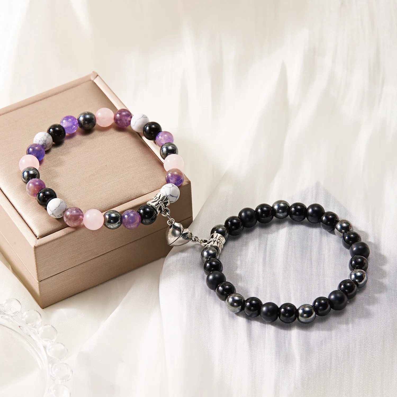 Natural Stone Couple Magnetic Heart Bracelet Set Amethyst Obsidian Beaded Stretching Bracelet Relationship Lovers Fashion Jewelry Gift
