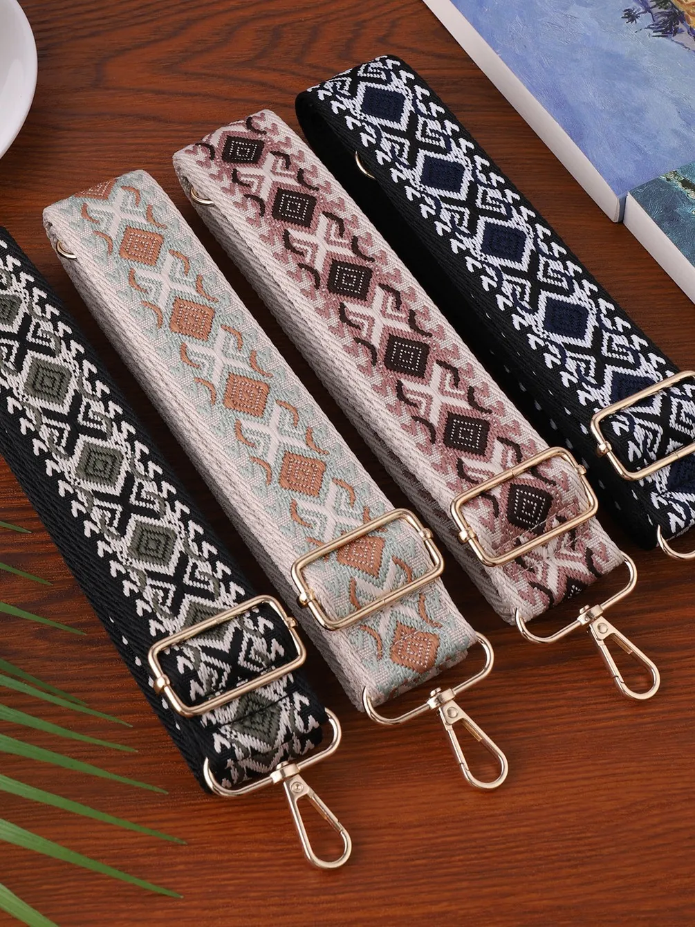 Wide Replacement Bag Strap Adjustable Bohemian Ethnic Geometric Jacquard Polyester Shoulder Crossbody Belt For Women Gold Buckle