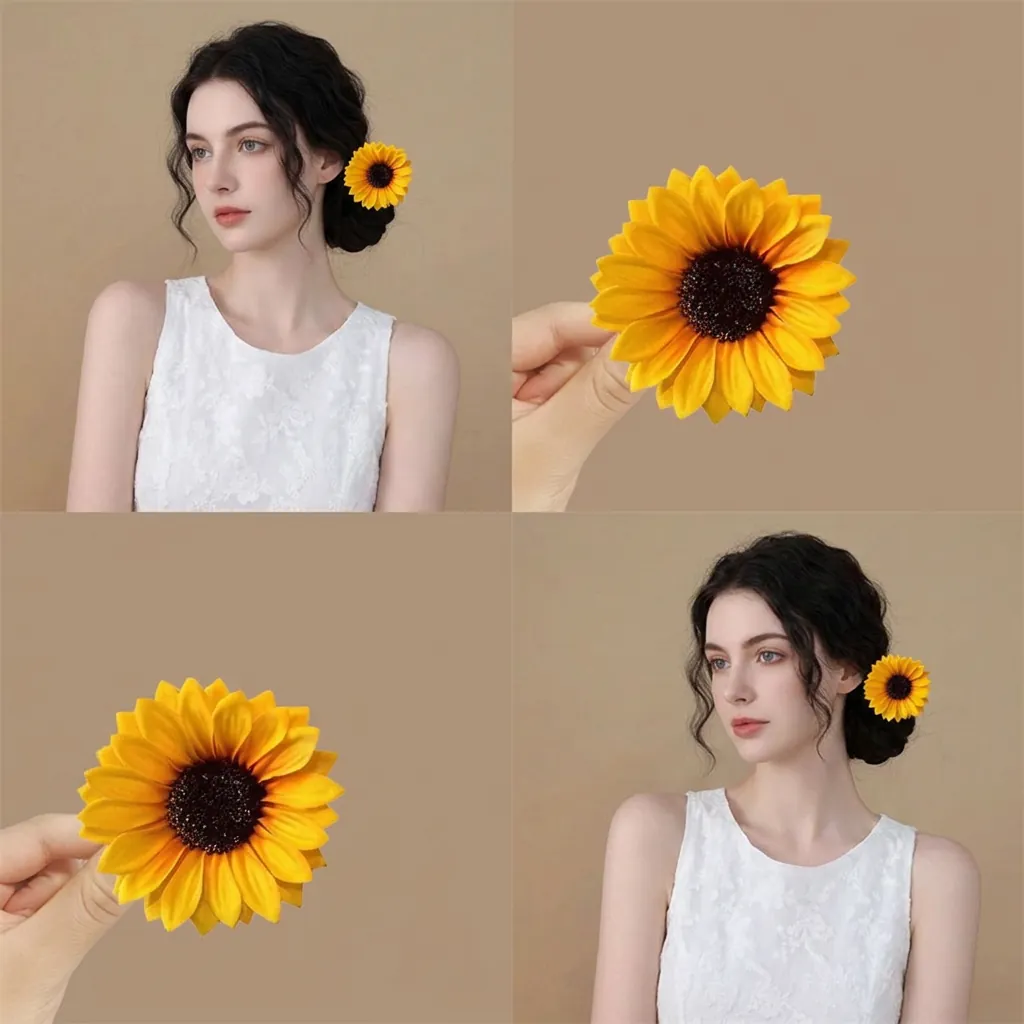 Sunflower Hair Clip Simulation Flower Fabric Metal Duckbill Barrette Cute Sweet Beach Vacation Hair Accessory For Women