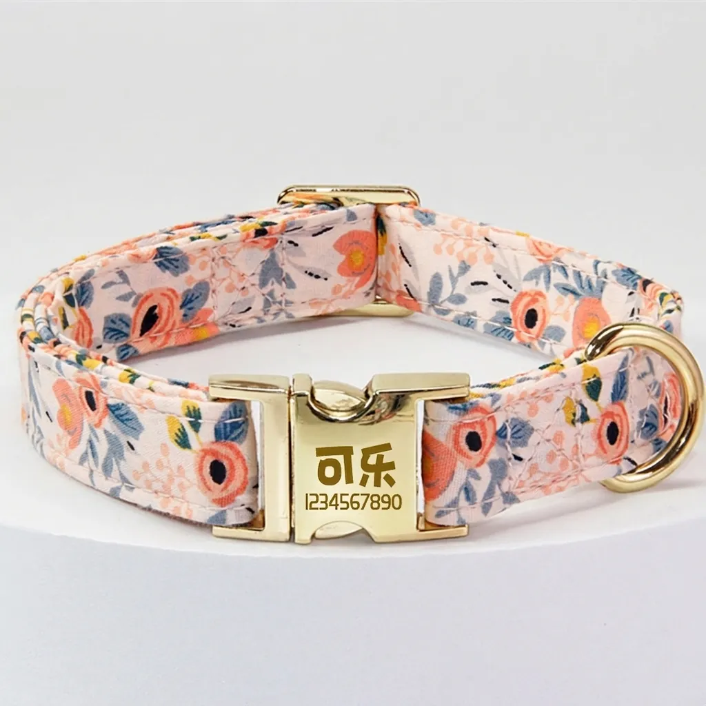 Floral Pet Dog Collar And Leash Cotton Fabric Adjustable Gold Metal Buckle Floral Pattern For Small Medium Dogs Cats