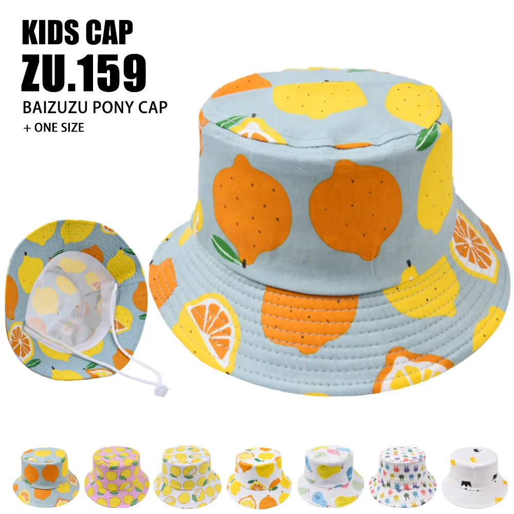 Kids Bucket Hat Cotton Breathable Sun Protection Adjustable Windproof Drawstring Cartoon Fruit Animal Print Outdoor Summer