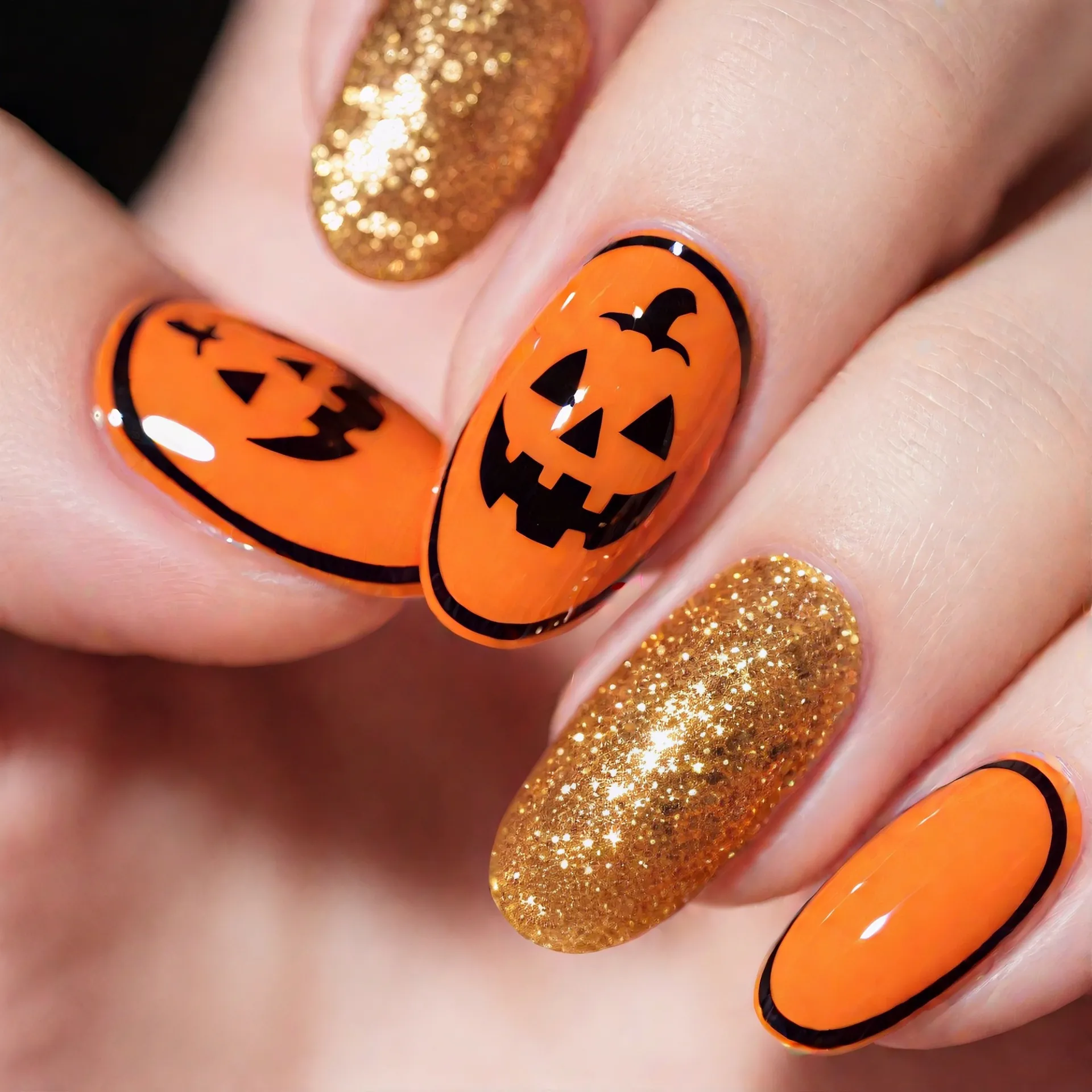 Halloween Press On Nails Short Oval Orange Pumpkin Face Gold Glitter ABS Plastic Artificial False Nail Tips For Women