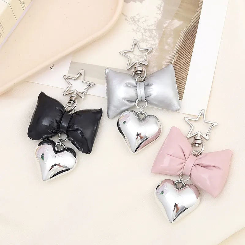 Mode Bogen PU Leder Schlüsselanhänger Mit Herzanhänger Stern Haken Süße Tasche Deko Charme Für Damen Mädchen
