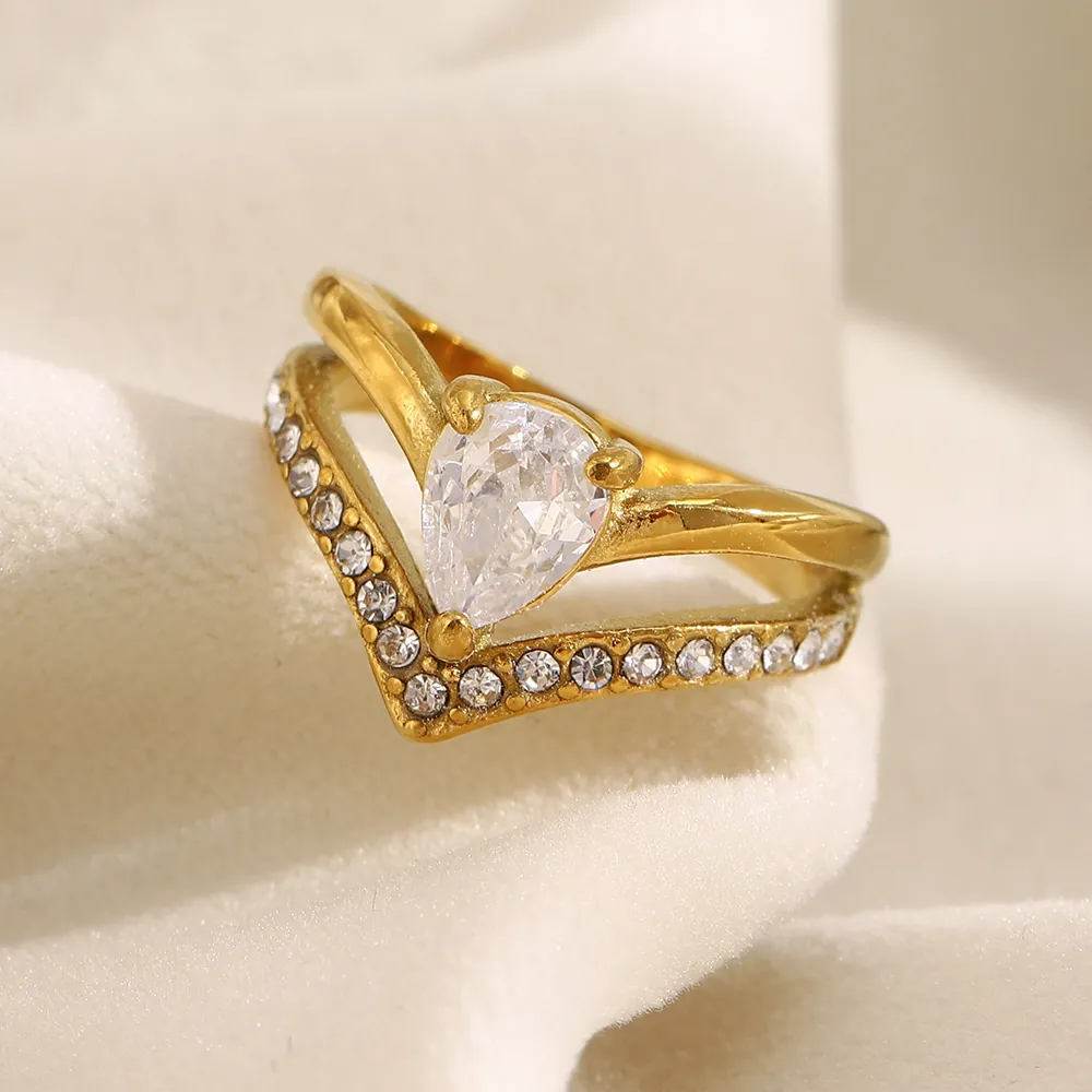 Double Layer Crown V Shape Ring 18K Gold Plated Stainless Steel Pear Cut Cubic Zirconia Pave Elegant Luxury Jewelry
