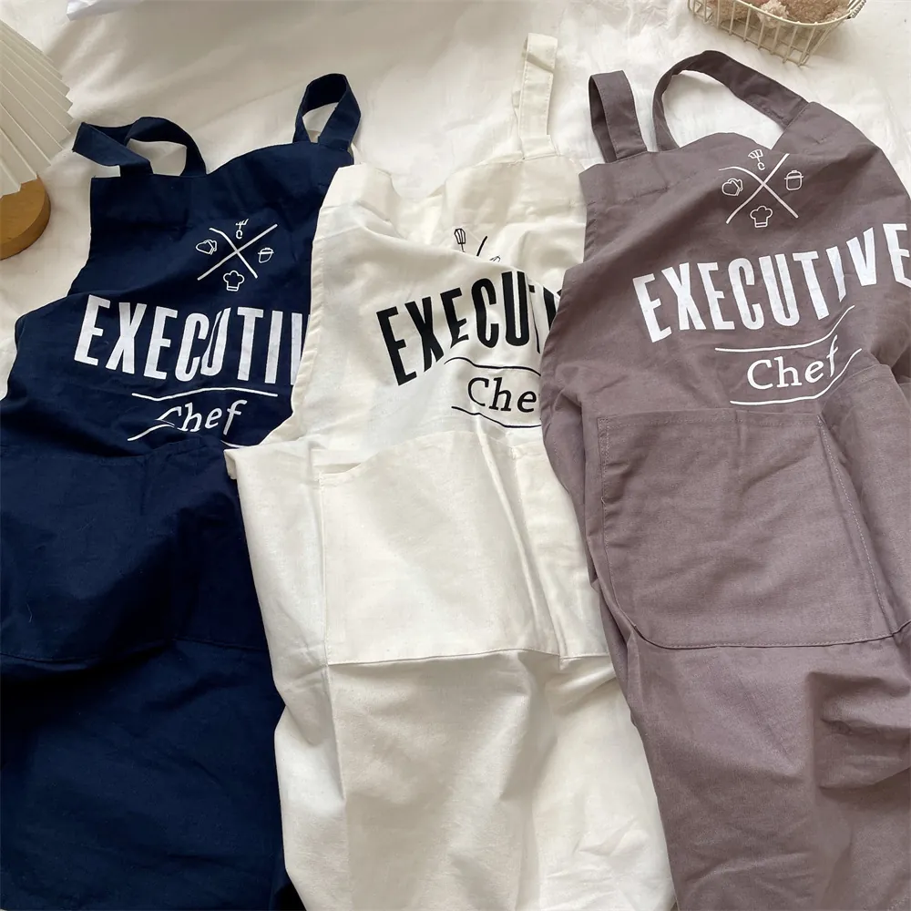 Kitchen Apron Cotton Linen Canvas With Large Pockets For Cooking Baking Restaurant BBQ Chef Men Women Letter Print