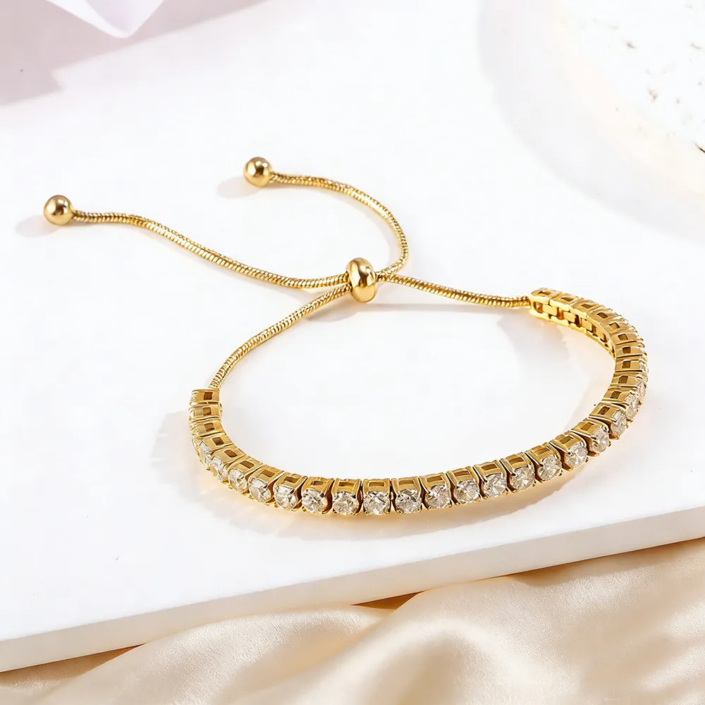 Tennis Bracelet Adjustable Stainless Steel Round Colored Zircon Micro Pave Slider Chain Jewelry For Women