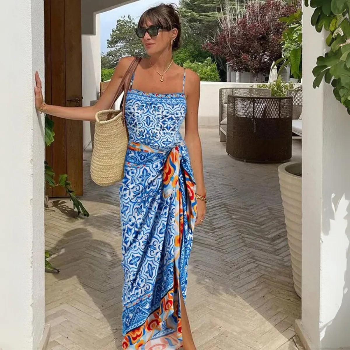 Blue White Majolica Tile Print Swimsuit And Wrap Skirt Spaghetti Straps Beach Vacation
