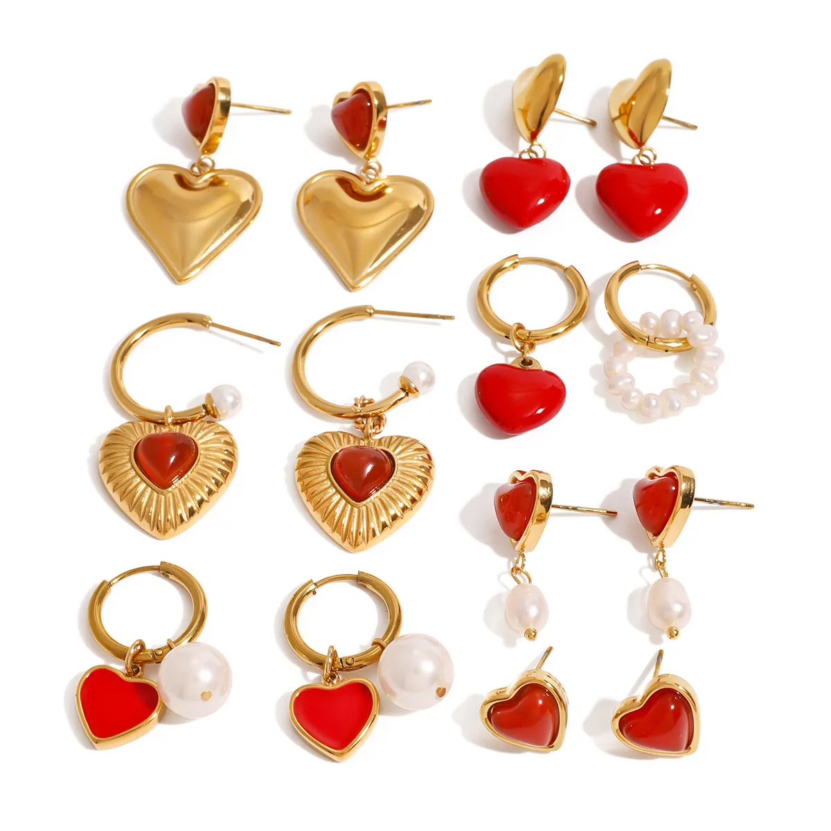 Herz Ohrringe Edelstahl 18K Vergoldet Rot Emaille Künstliche Perle Stecker Creolen Schmuck Wasserfest Hypoallergen Damen