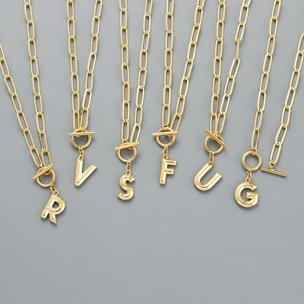 Alphabet Initial Pendant Necklace Gold Plated Copper Paperclip Chain With Toggle Clasp Fashion Jewelry For Women