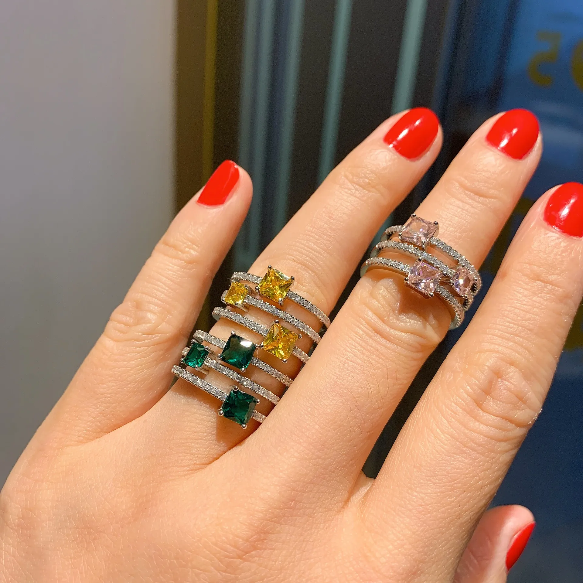 Luxury Square Cubic Zirconia Ring Vintage Copper Gold Plated Multi Layer Band Micro Pave Jewelry For Women