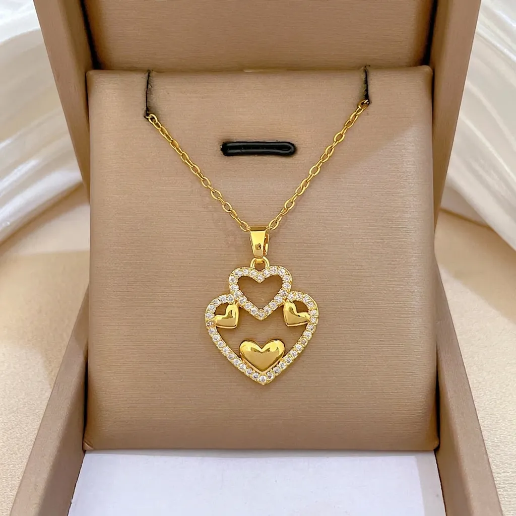 Double Layer Heart Pendant Necklace Stainless Steel Chain Copper Zircon Inlaid Luxury Elegant Jewelry For Women Girls